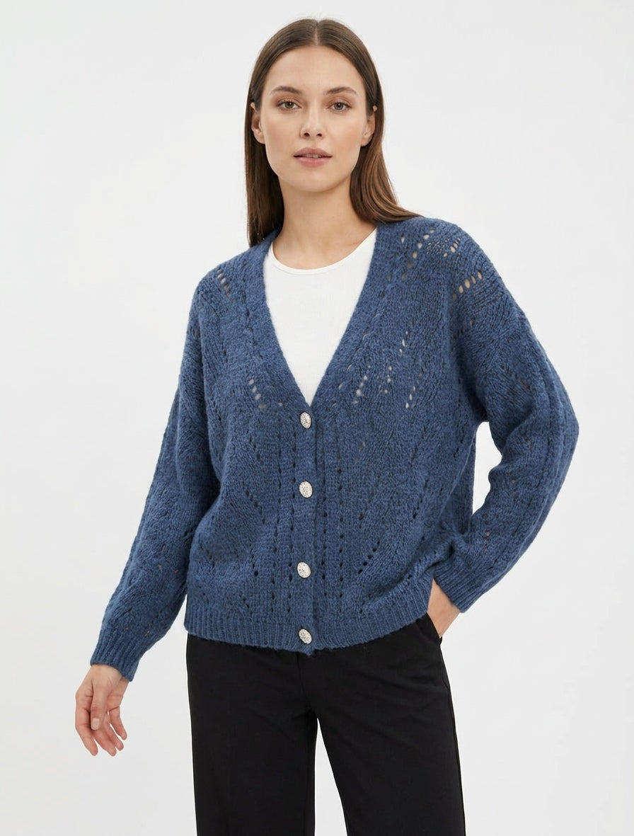 Weit geschnittener Strickpullover mit V-Ausschnitt und Lochmuster - Blau