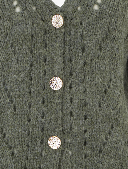 Gilet ample en maille ajourée à col V - Kaki - 3