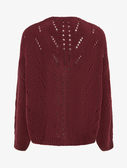 Gilet ample en maille ajourée à col V - Lie de vin - 2