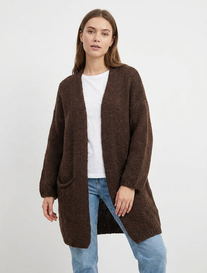 Langer offener Cardigan aus grobem Strick - Braun