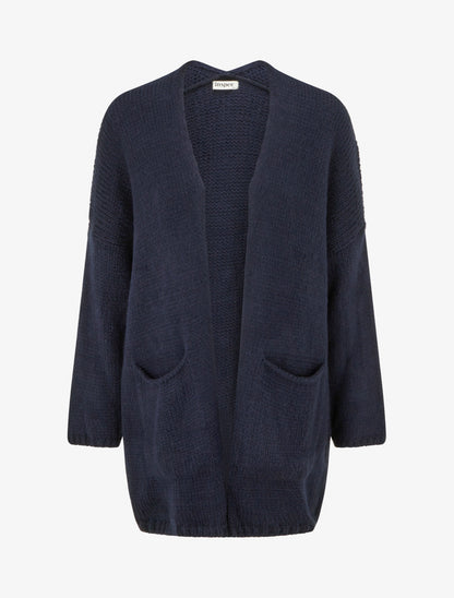 Gilet long ouvert en maille épaisse - Marine - 1