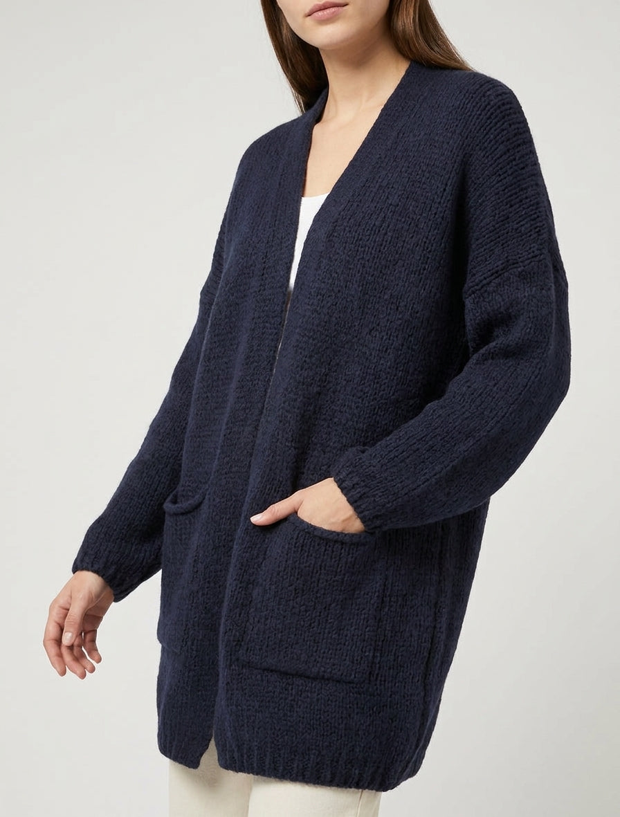 Langer offener Cardigan aus grobem Strick - Marine