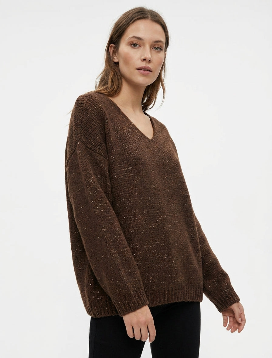 Weit geschnittener, irisierender V-Ausschnitt-Pullover - Braun