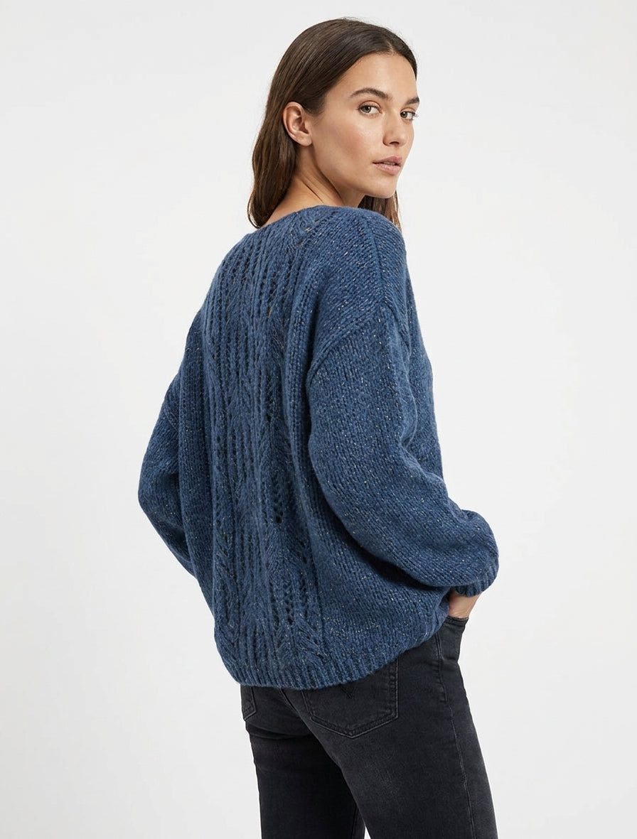Weit geschnittener, irisierender V-Ausschnitt-Pullover - Blaues Wagenrad