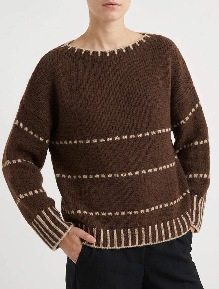 Quadratisch geschnittener Pullover mit gepunktetem Streifenmuster. - Braun
