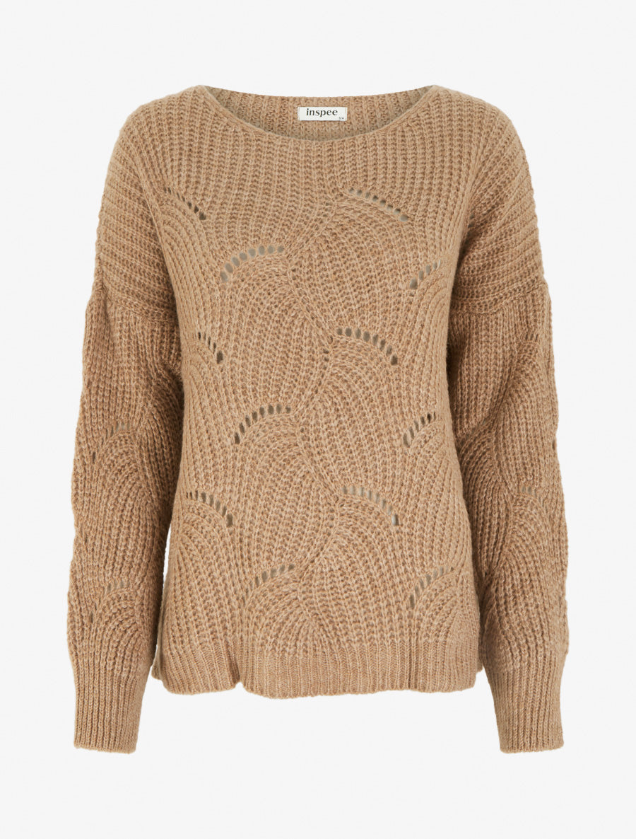 Pull ample en maille fantaisie ajourée - Camel - 1