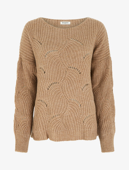 Pull ample en maille fantaisie ajourée - Camel - 1