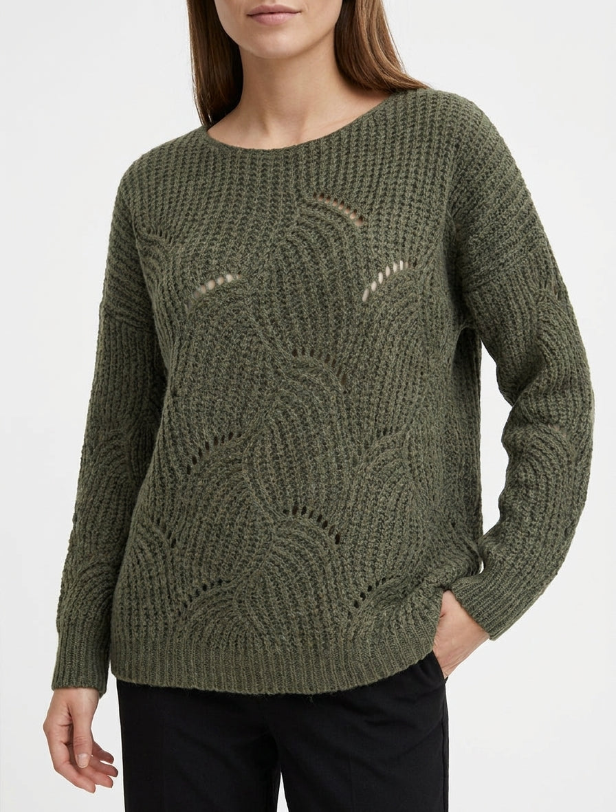 Weit geschnittener Pullover aus durchbrochenem Fantasie-Strick - Kaki