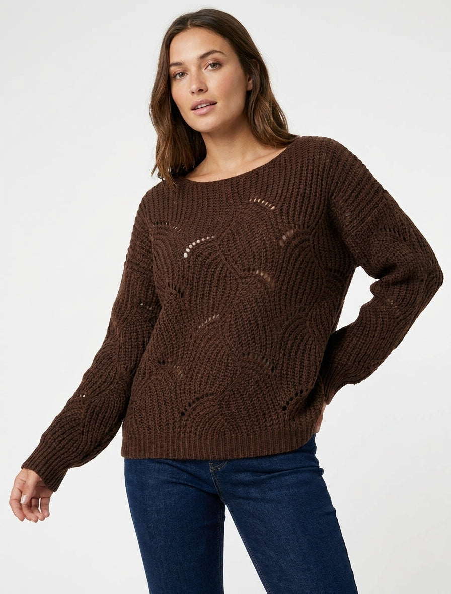 Weit geschnittener Pullover aus durchbrochenem Fantasie-Strick - Braun