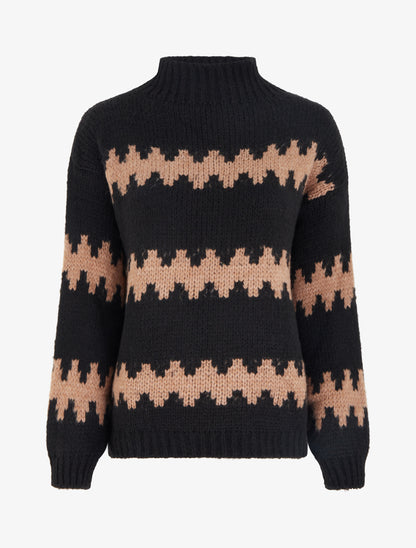 Pull ample à col montant et motif graphique - Noir - 1