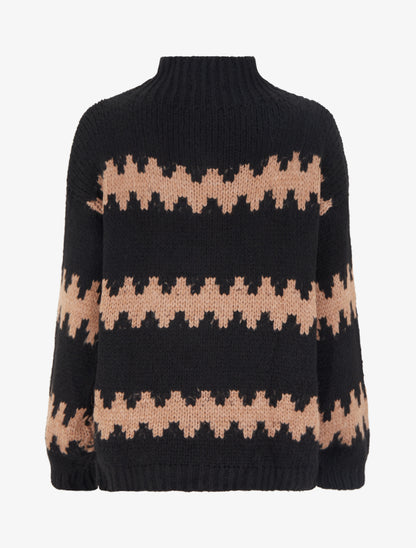 Pull ample à col montant et motif graphique - Noir - 2