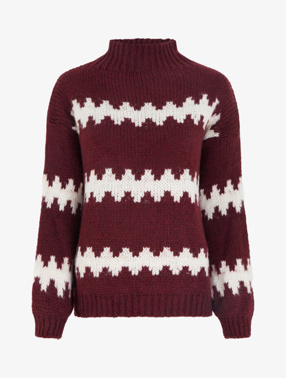 Pull ample à col montant et motif graphique - Lie de vin - 1
