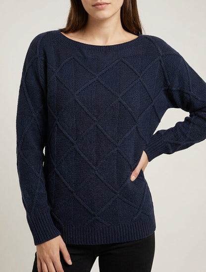 Pullover mit U-Boot-Ausschnitt aus Strick mit Karo-Effekt - Marine