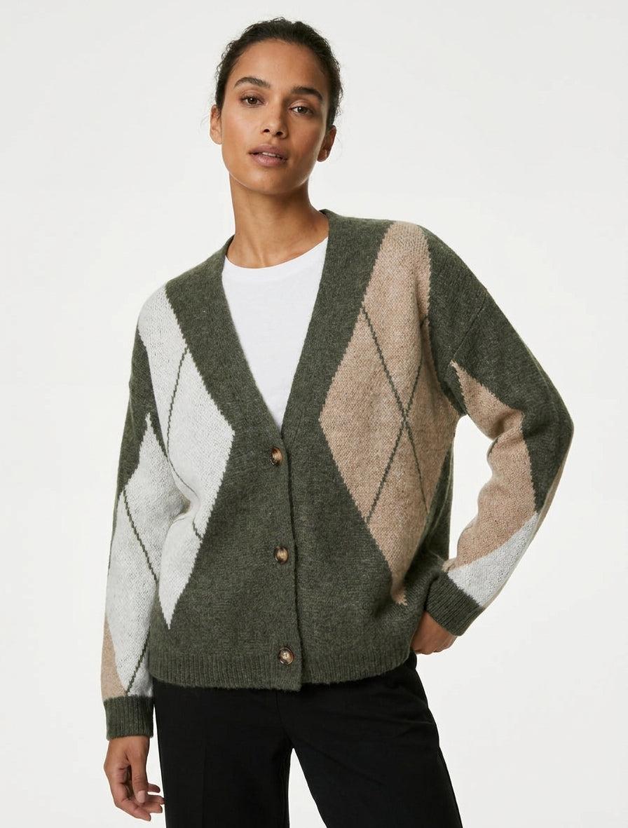 Weit geschnittener Jacquard-Strickpullover - Kaki