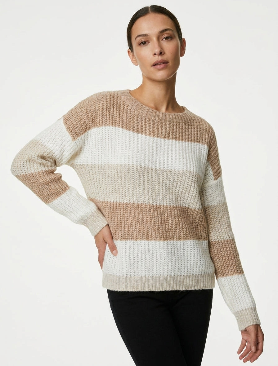 Gestreifter Pullover mit geradem Schnitt - Beige