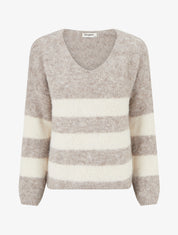 Pull à rayures en laine mélangée à col V - Taupe - 1