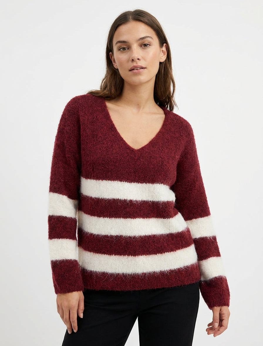 Gestreifter Pullover aus Wollmischung mit V-Ausschnitt - Bordeaux