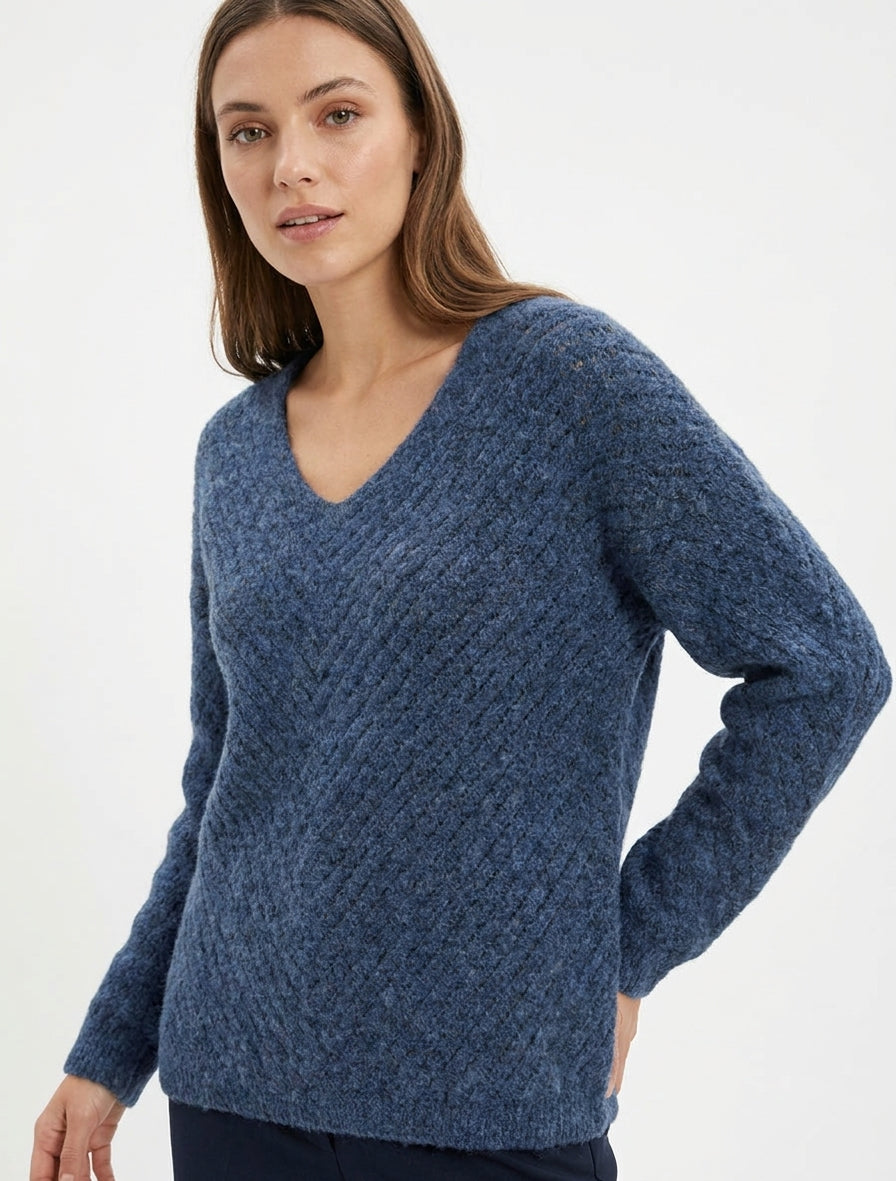 Weit geschnittener Pullover aus Wollmischung mit V-Ausschnitt - Blau