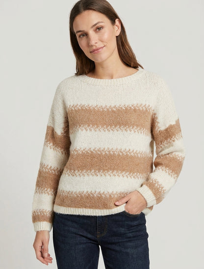 Weit geschnittener Pullover aus Wollmischung mit stilisierten Streifen - Kamel