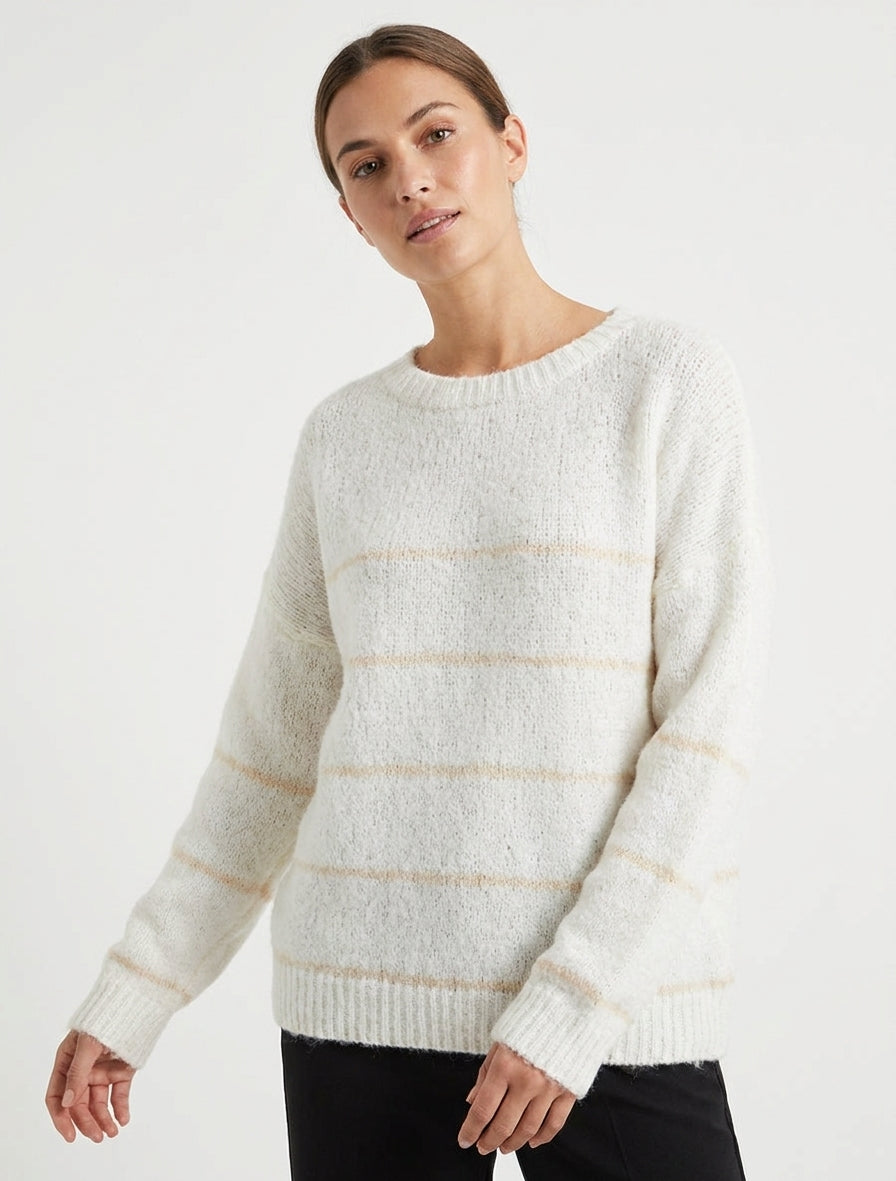 Pullover aus Wollmischung mit Rundhalsausschnitt und Streifen - Weiß