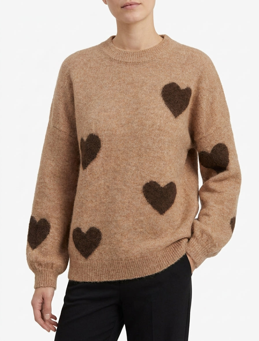 Pullover aus Wollmischung mit Herzmuster - Kamel