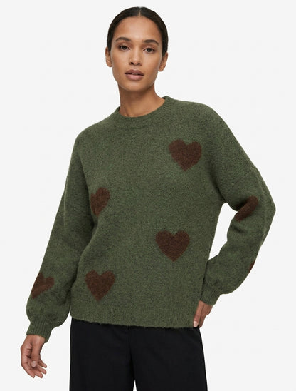 Pullover aus Wollmischung mit Herzmuster - Kaki