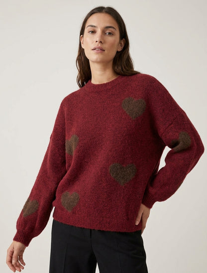 Pullover aus Wollmischung mit Herzmuster - Bordeaux