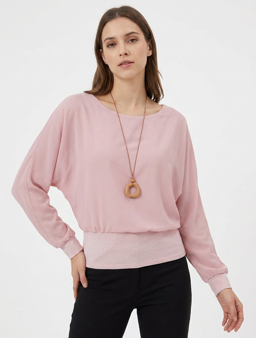Langarm-Top aus Voile mit Fledermausärmeln - Rose