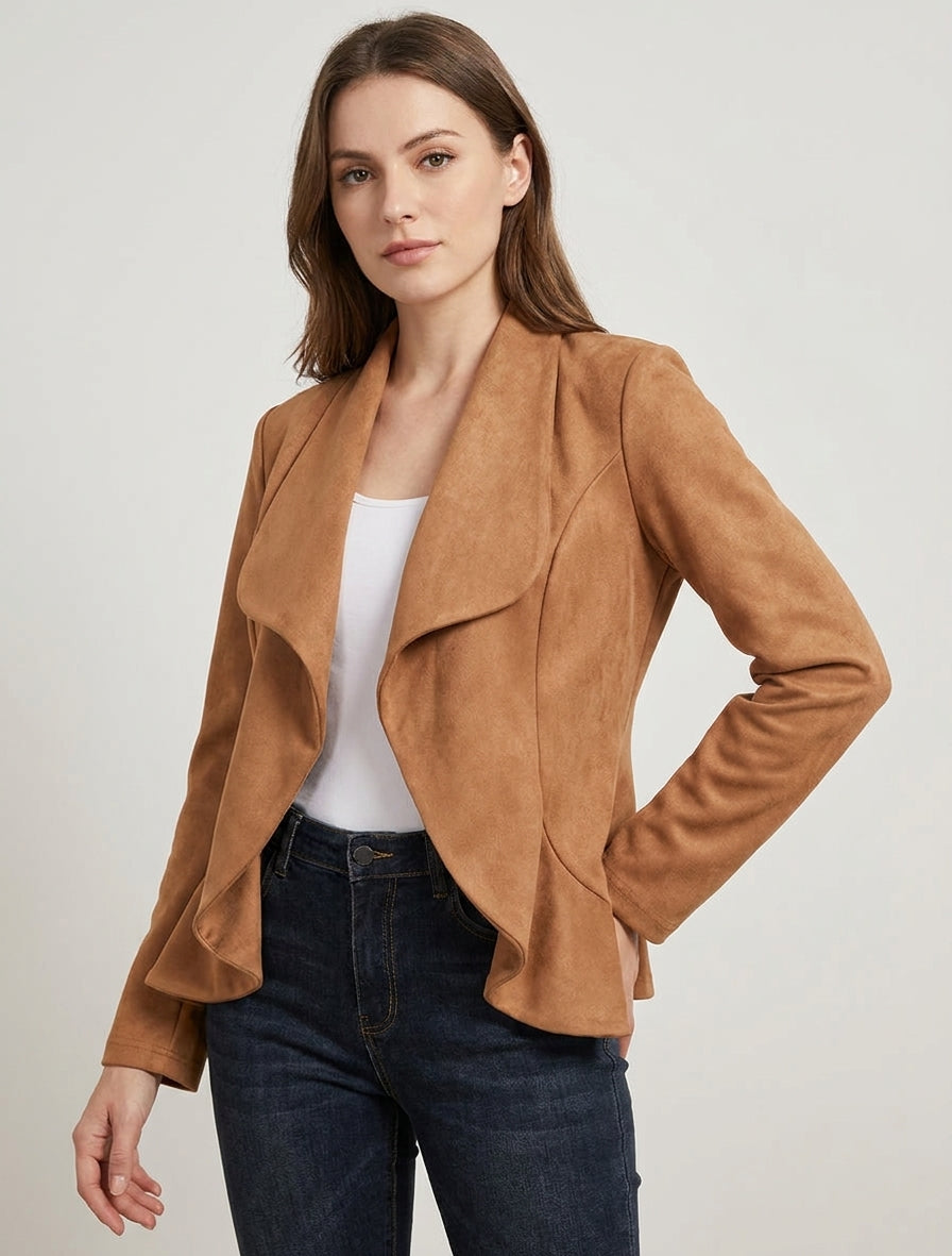 Gerade geschnittener Wildlederimitat-Blazer mit Schalkragen - Kamel