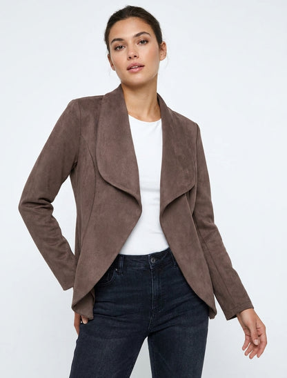 Gerade geschnittener Wildlederimitat-Blazer mit Schalkragen - Braun