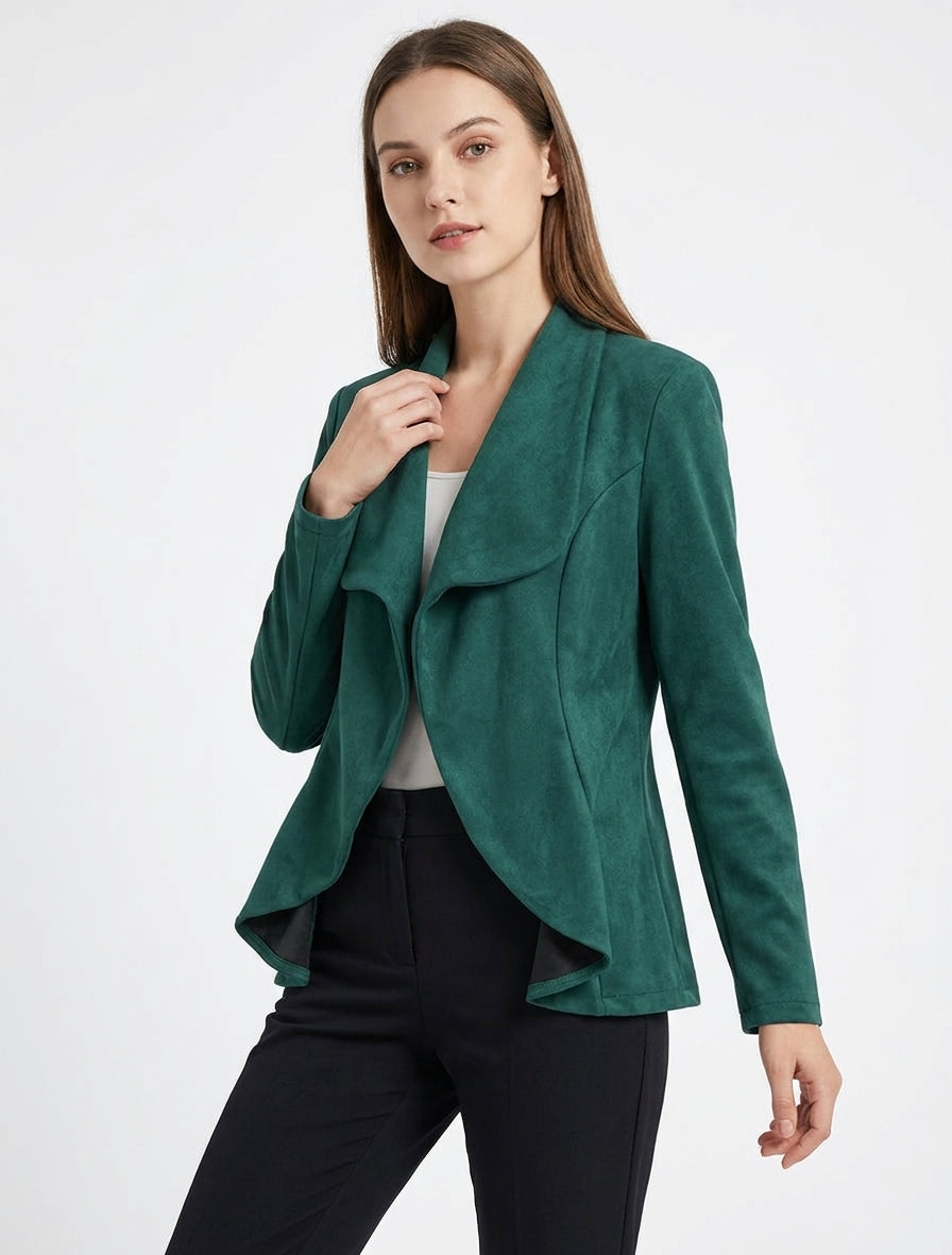 Gerade geschnittener Wildlederimitat-Blazer mit Schalkragen - Dunkelgrün