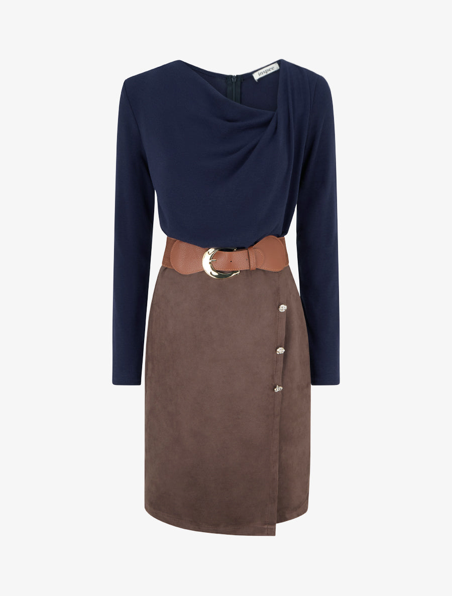 Robe bimatière droite style portefeuille - Marine - 1