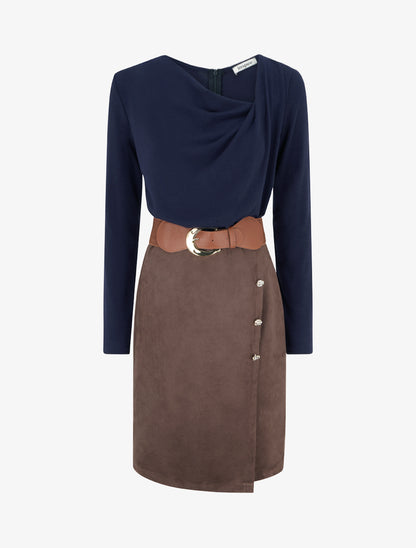 Robe bimatière droite style portefeuille - Marine - 1