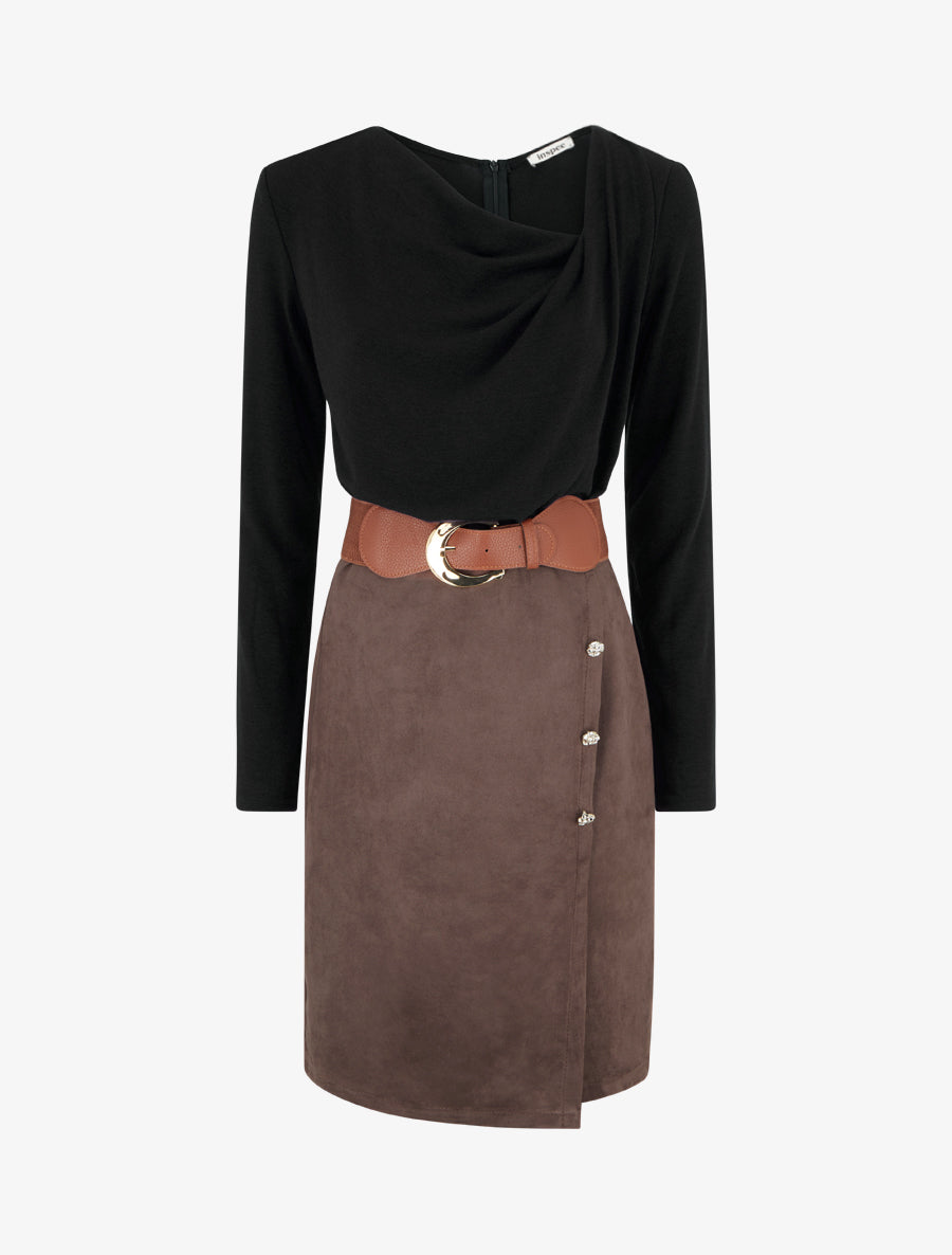 Robe bimatière droite style portefeuille - Noir - 1