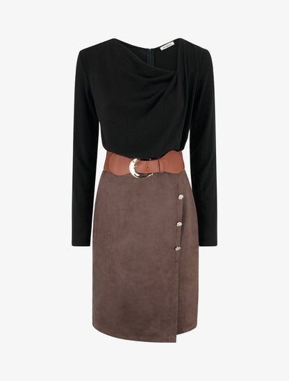 Robe bimatière droite style portefeuille - Noir - 1