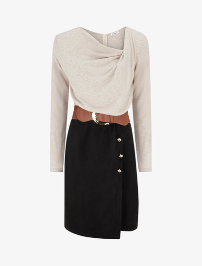Robe bimatière droite style portefeuille - Beige - 1