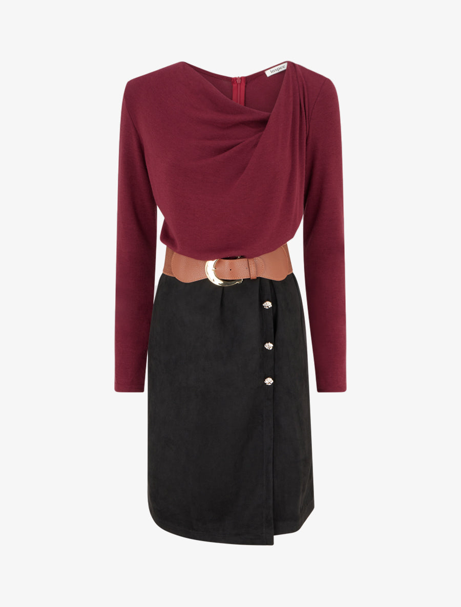 Robe bimatière droite style portefeuille - Lie de vin - 1