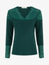 Pull fin à col V et poignets en dentelle - Vert foncé - 1