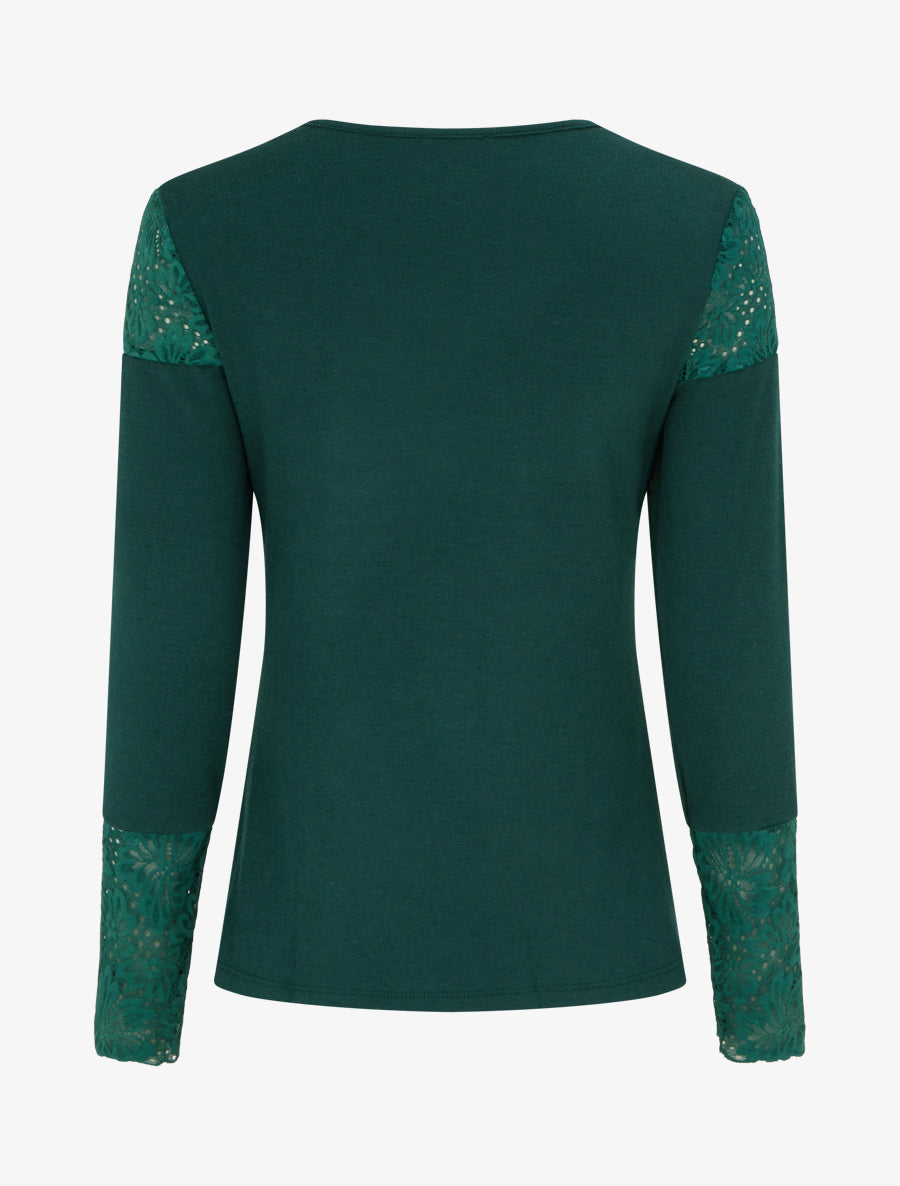 Pull fin à col V et poignets en dentelle - Vert foncé - 2