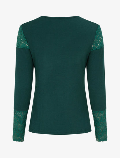 Pull fin à col V et poignets en dentelle - Vert foncé - 2