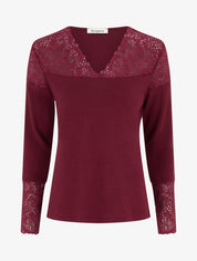 Pull fin à col V et poignets en dentelle - Lie de vin - 1