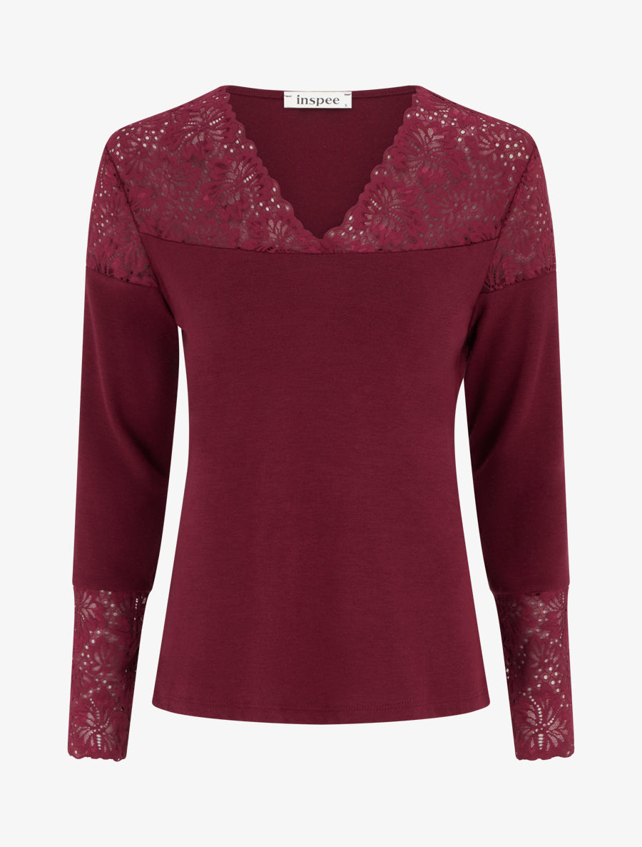 Pull fin à col V et poignets en dentelle - Lie de vin - 1