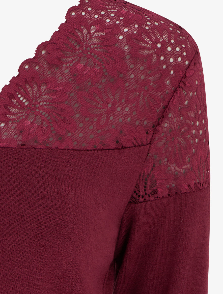 Pull fin à col V et poignets en dentelle - Lie de vin - 3
