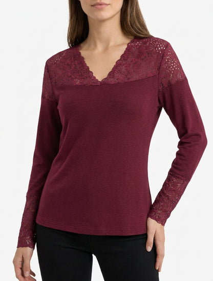 Feiner Pullover mit V-Ausschnitt und Spitzenbündchen - Weinrot