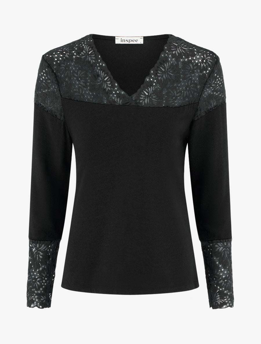 Pull fin à col V et poignets en dentelle - Noir - 1