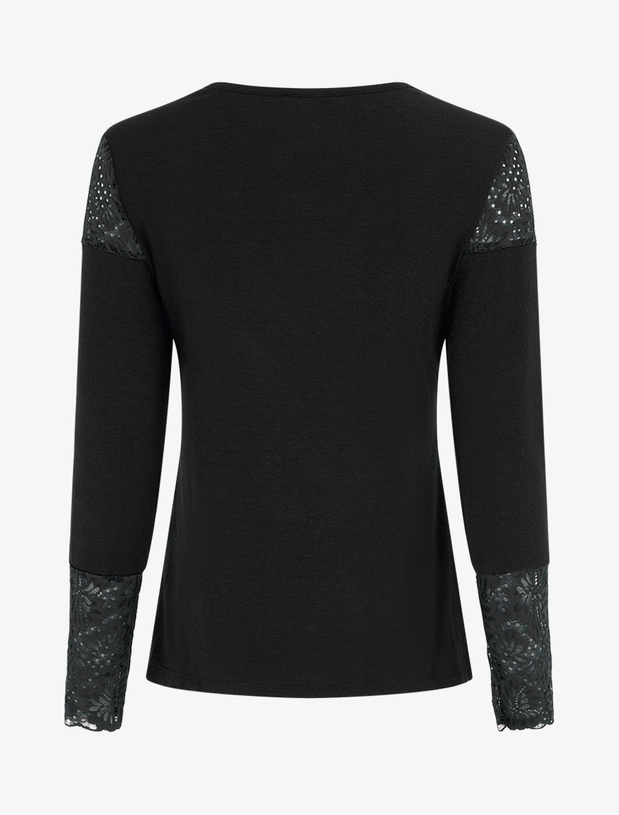 Pull fin à col V et poignets en dentelle - Noir - 2