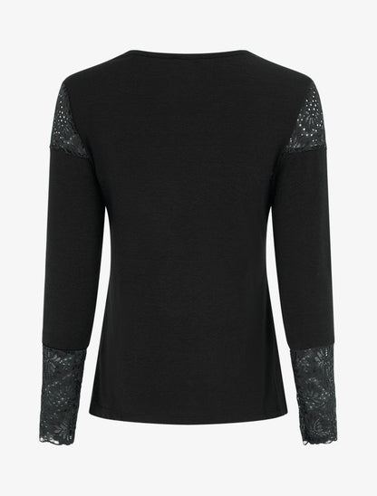 Pull fin à col V et poignets en dentelle - Noir - 2