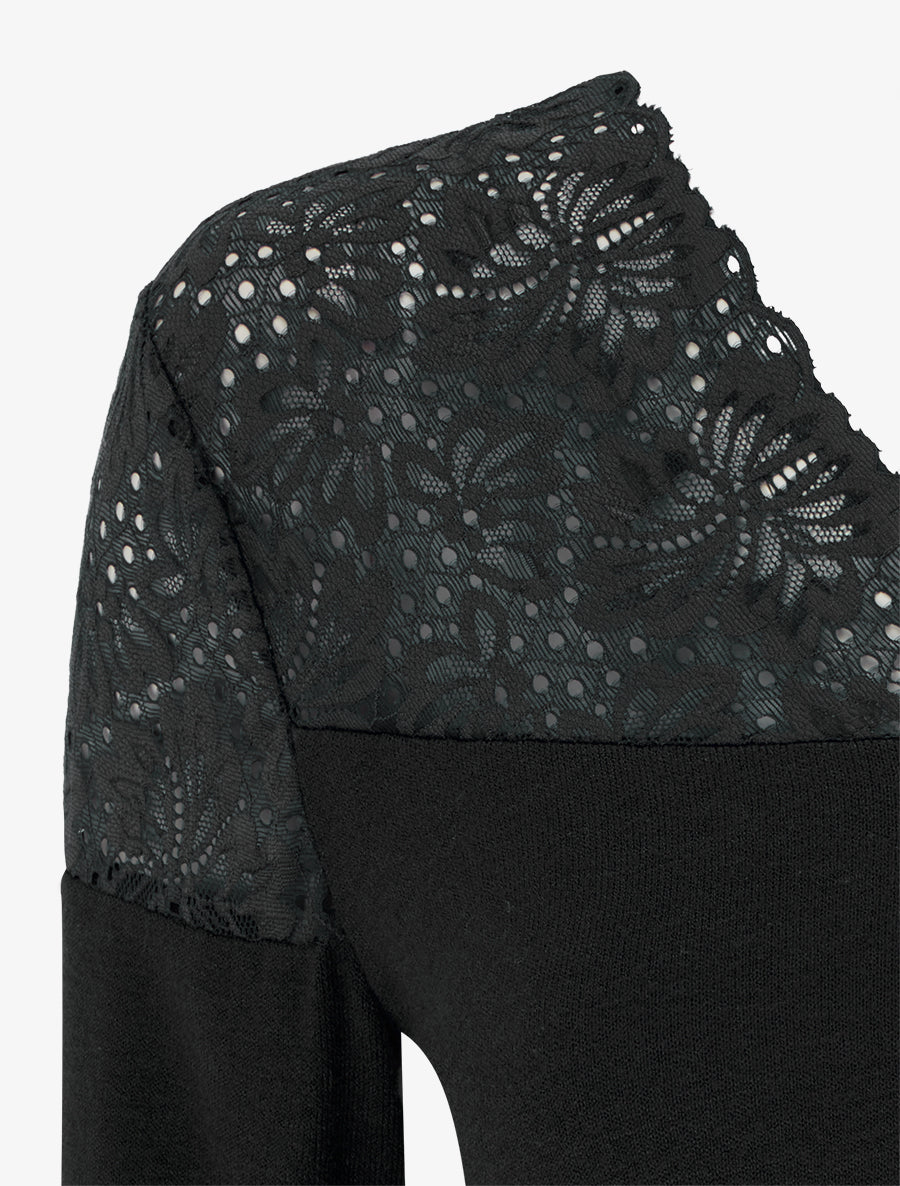 Pull fin à col V et poignets en dentelle - Noir - 3