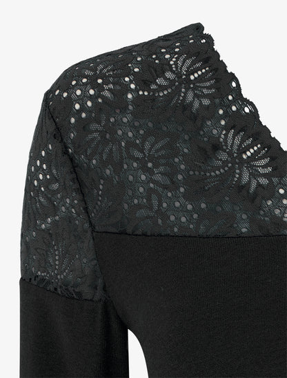 Pull fin à col V et poignets en dentelle - Noir - 3