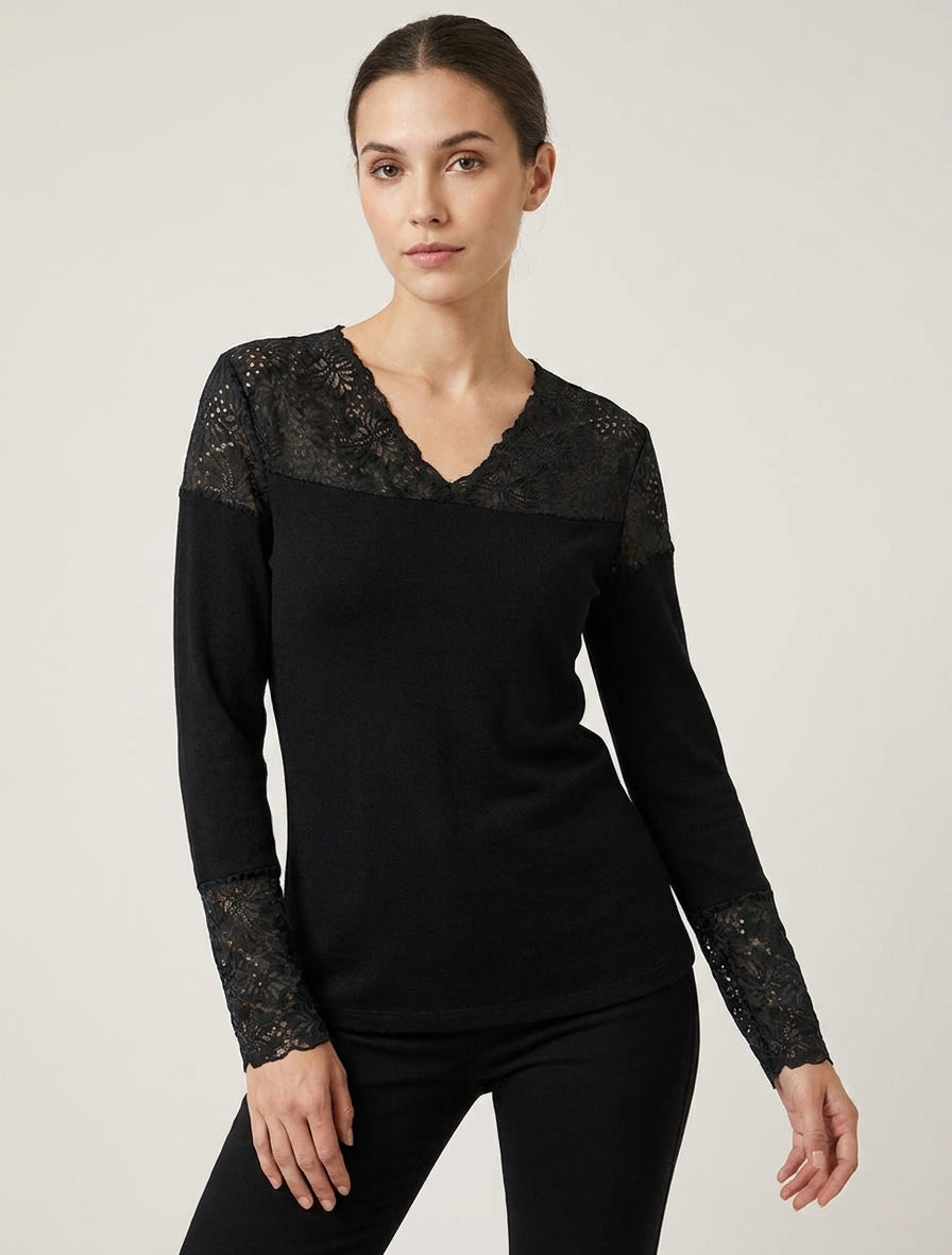 Feiner Pullover mit V-Ausschnitt und Spitzenbündchen - Schwarz